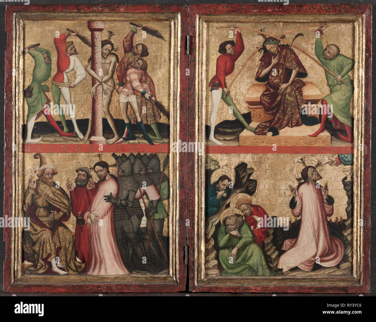 Diptych with the Passion of Christ, c. 1400. Austria, Styria, 15th century. Tempera and gold on wood oak; unframed: 45.7 x 27 cm (18 x 10 5/8 in.); including original molding: 52.4 x 34.3 cm (20 5/8 x 13 1/2 in Stock Photo
