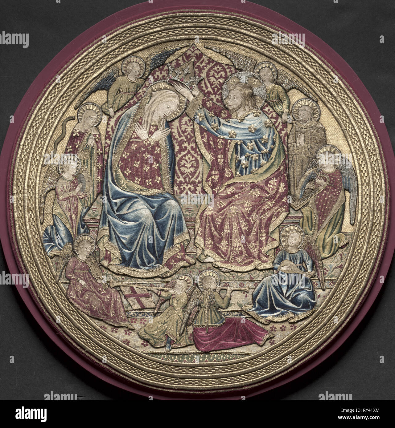 Embroidered Tondo from an Altar Frontal: The Coronation of the Virgin, 1459. Italy, Florence. Embroidery with gold, silver, and silk thread; split, satin, and couching stitches, or nué (shaded Stock Photo