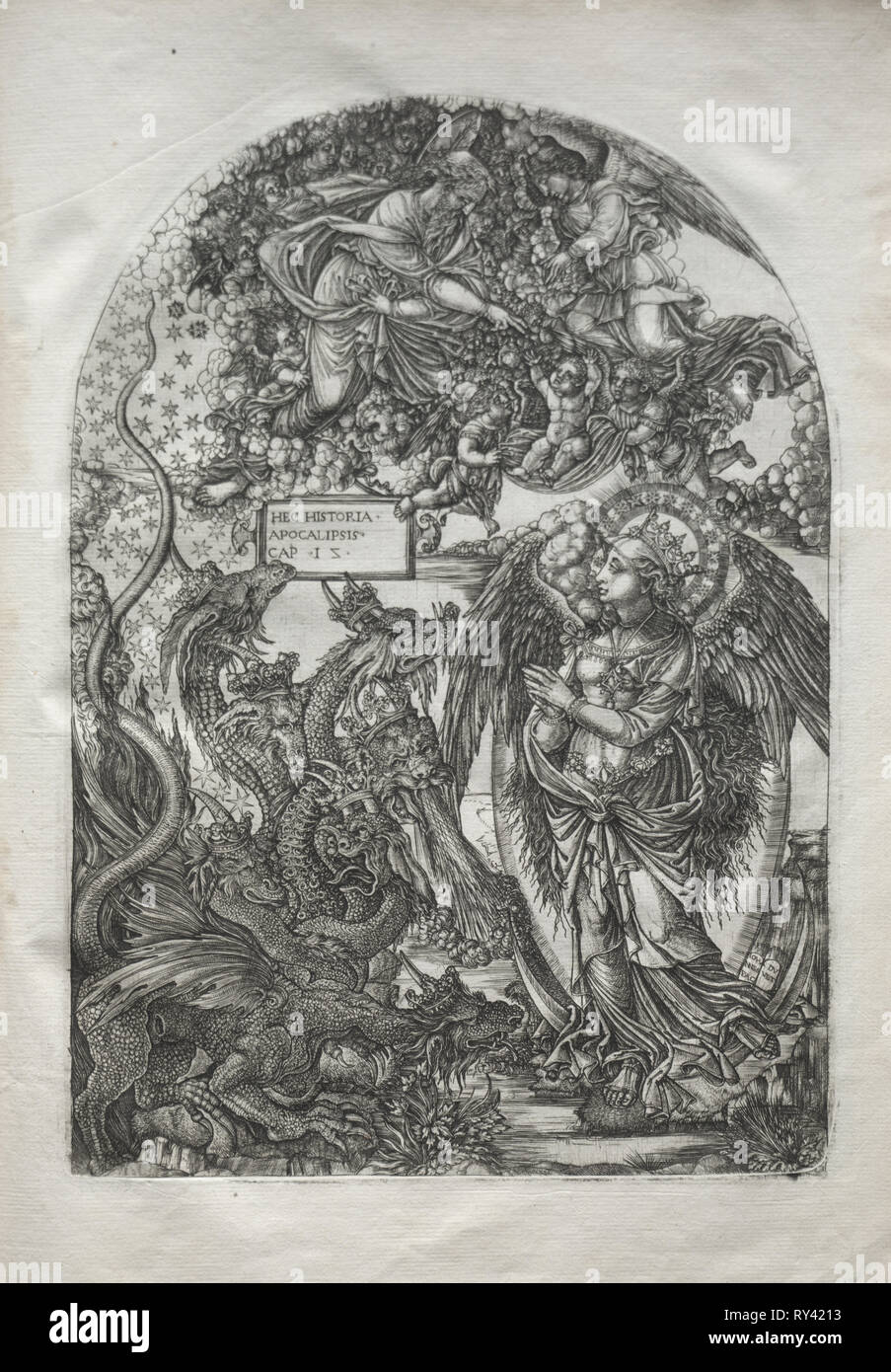 The Apocalypse:  St. Michael and the Dragon, 1546-1556. Jean Duvet (French, 1485-1561). Engraving Stock Photo
