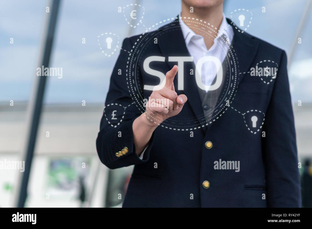 Security Token Offering STO cryptocurrency and blockchain concept,  businessman pressing virtual graphics on virtual screens Stock Photo - Alamy