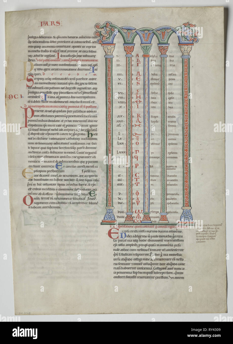 Single Leaf from a Decretum by Gratian:  Quadruple Arcade with Concordance of Greek and Latin Alphabets , c. 1160-1165. France, Burgundy, Archdiocese of Sens, Abbey of Pontigny, 12th century. Ink and tempera on vellum; sheet: 44.8 x 32 cm (17 5/8 x 12 5/8 in.); framed: 63.5 x 48.3 cm (25 x 19 in.); matted: 55.9 x 40.6 cm (22 x 16 in Stock Photo