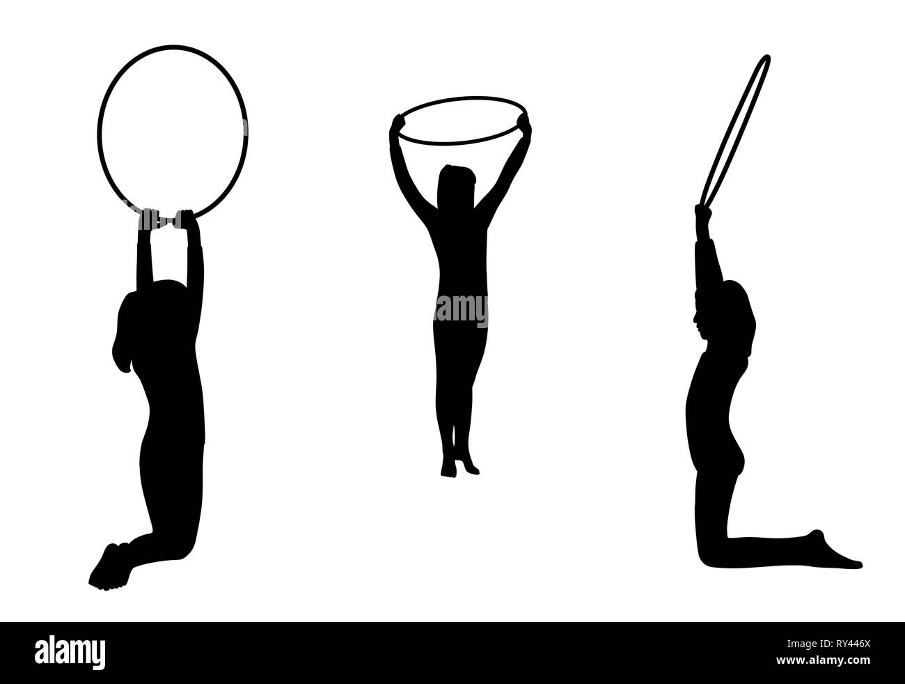 Gymnastic girls team performs with hoops Stock Vector
