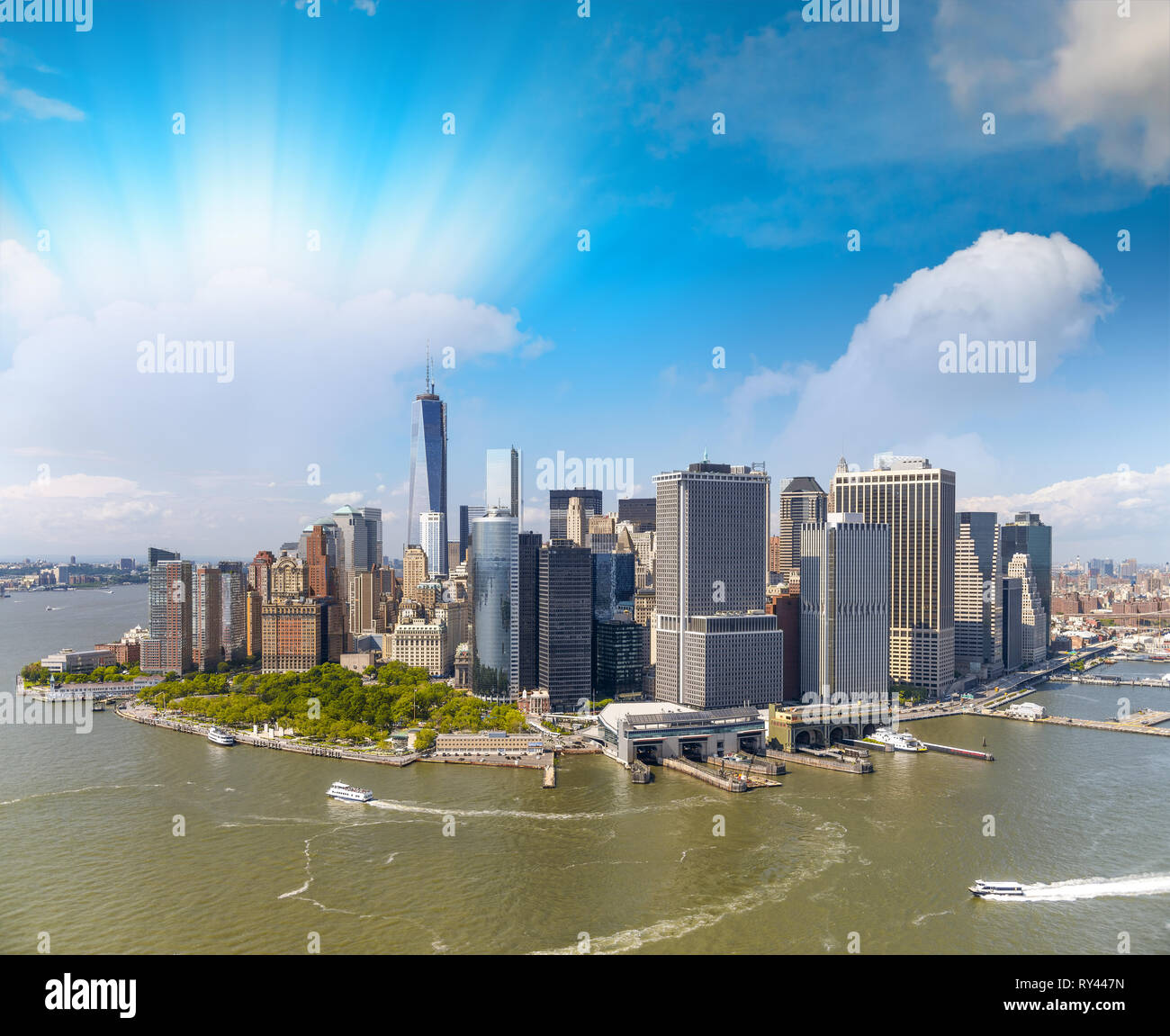 Amazing aerial view of New York City. Downtown Manhattan skyline from ...