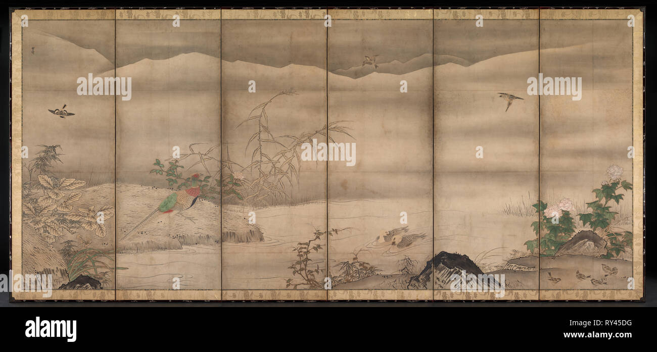 Birds and Flowers in a Landscape of the Four Seasons, second half of the 1500s. Follower of Sesshū Tōyō (Japanese, 1420-1506). Six-panel folding screen, ink and color on paper; image: 158.5 x 359.4 cm (62 3/8 x 141 1/2 in.); panel: 62.8 cm (24 3/4 in.); including mounting: 174.6 x 281 cm (68 3/4 x 110 5/8 in Stock Photo