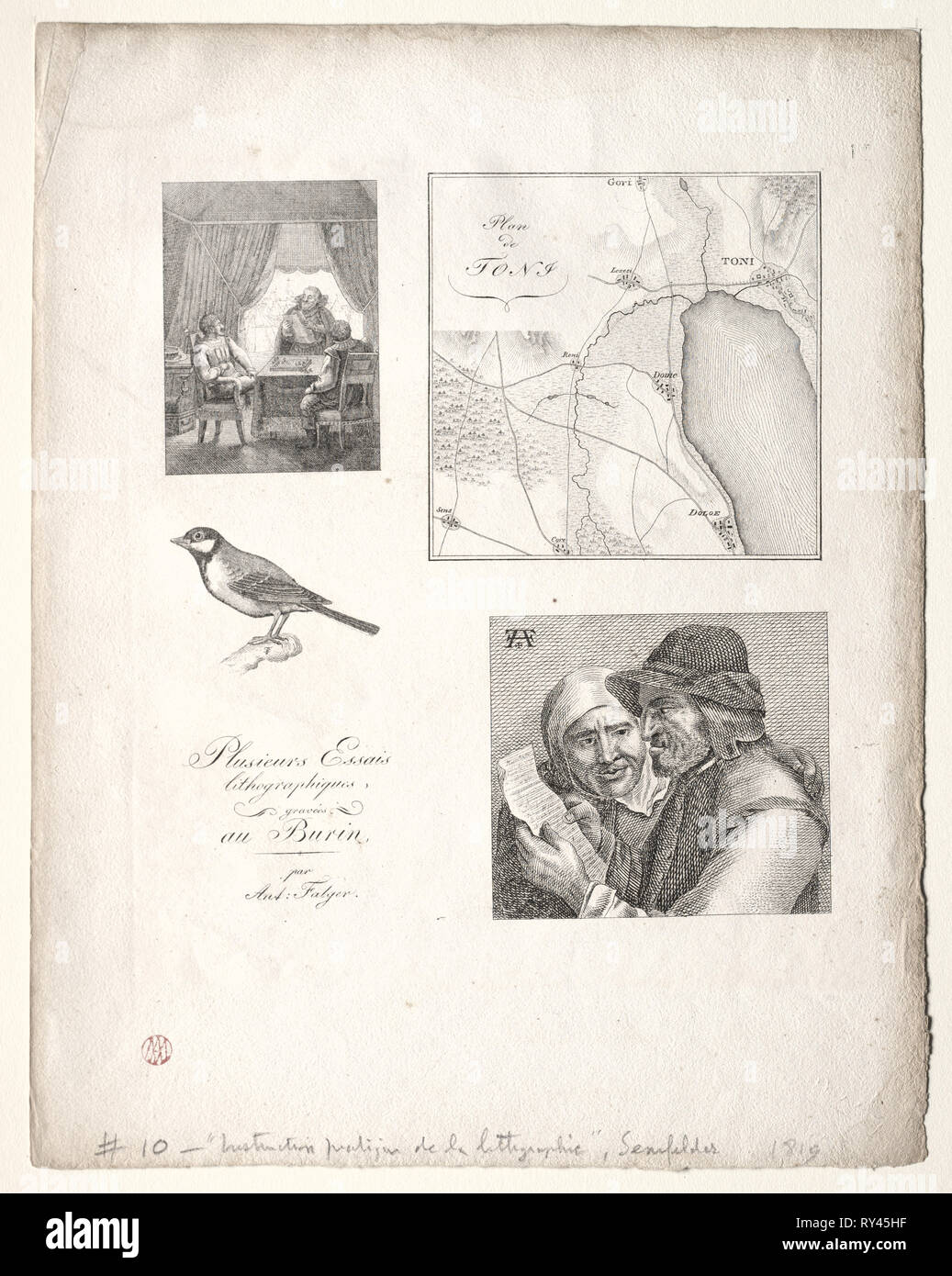 L'art de la litographie:Four Subjects after Falger. Alois Senefelder (German, 1771-1834). Lithograph Stock Photo