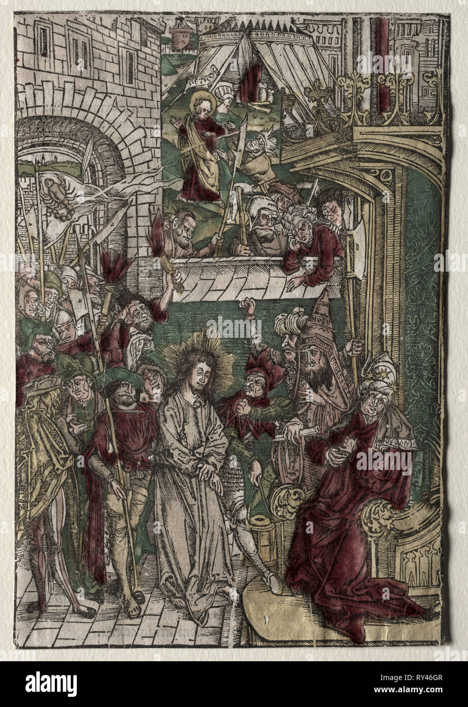 Life of Christ:  Christ before Pilate, 1400s. Germany, 15th century. Woodcut Stock Photo