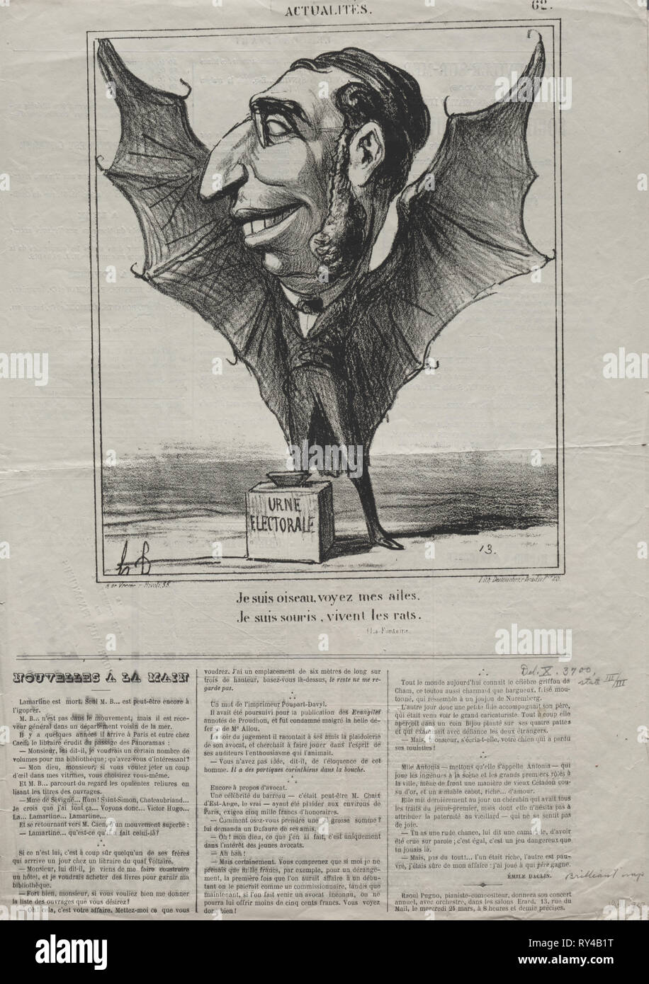 Published in le Charivari (24 March 1869): Actualities (No. 62): I am a bird, see my wings.., 1869. Honoré Daumier (French, 1808-1879). Lithograph; sheet: 43.3 x 61 cm (17 1/16 x 24 in.); image: 24.7 x 20.9 cm (9 3/4 x 8 1/4 in Stock Photo