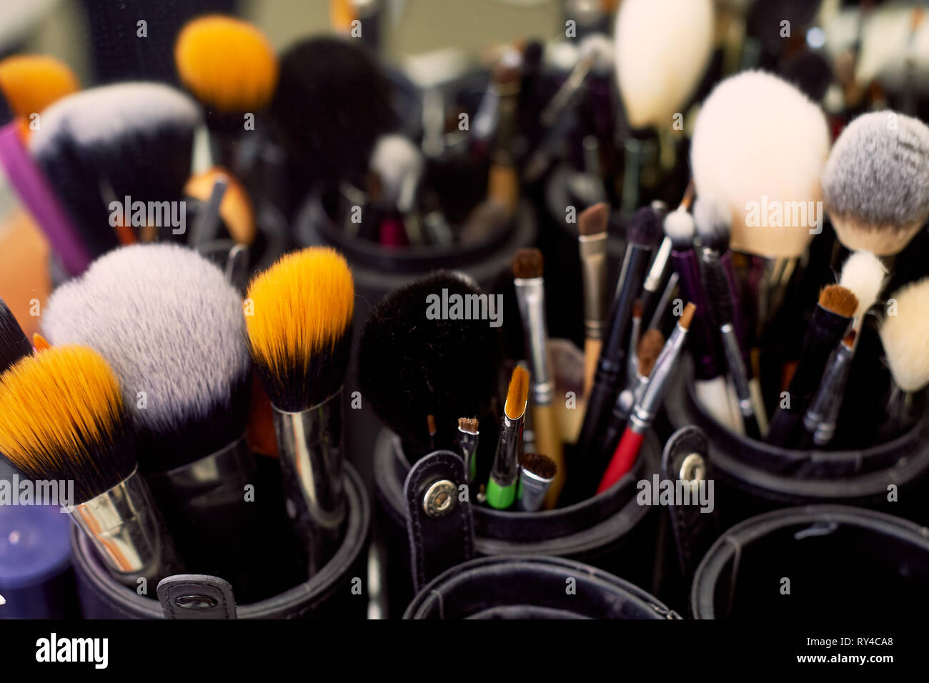 Brushes Make Up Artist Of Different Colors And Textures Job Stock