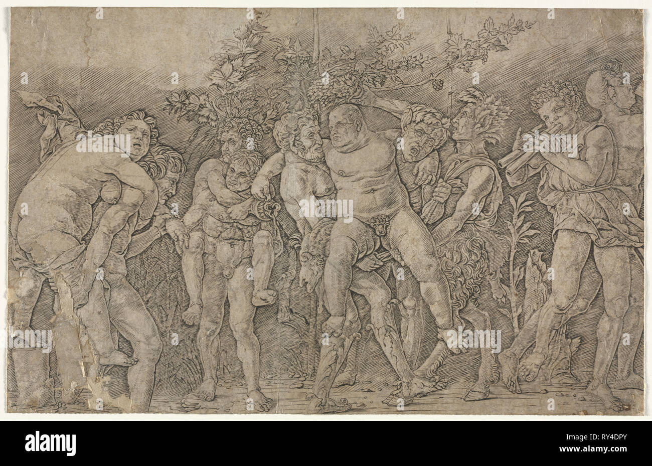 Bacchanal with Silenus. Andrea Mantegna (Italian, 1431-1506). Engraving Stock Photo