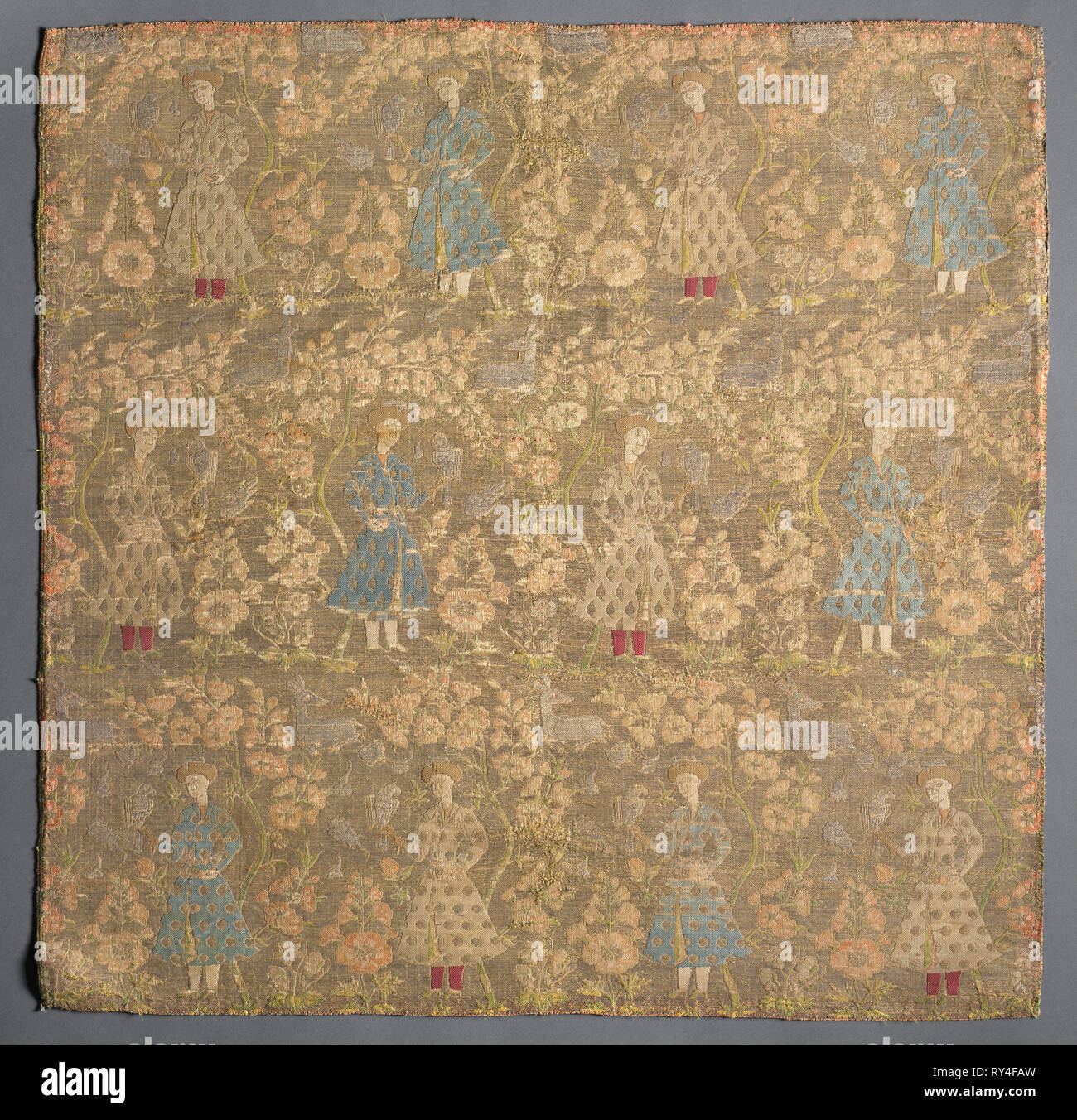 Twill weave with falconers amid rose bushes, 1650-1699. Iran, Safavid period (1501-1722). Twill weave with complementary and discontinuous weft: silk and silver-metal thread; overall: 47.7 x 47.7 cm (18 3/4 x 18 3/4 in Stock Photo