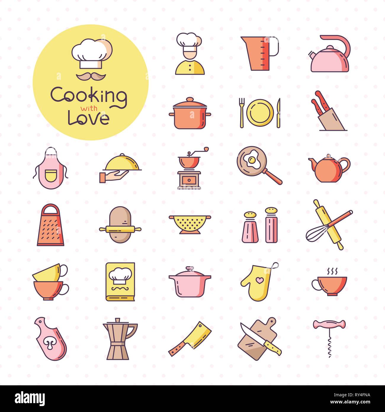 Set of pixel-perfect colorful kitchen icons, isolated on the white background. Stock Vector