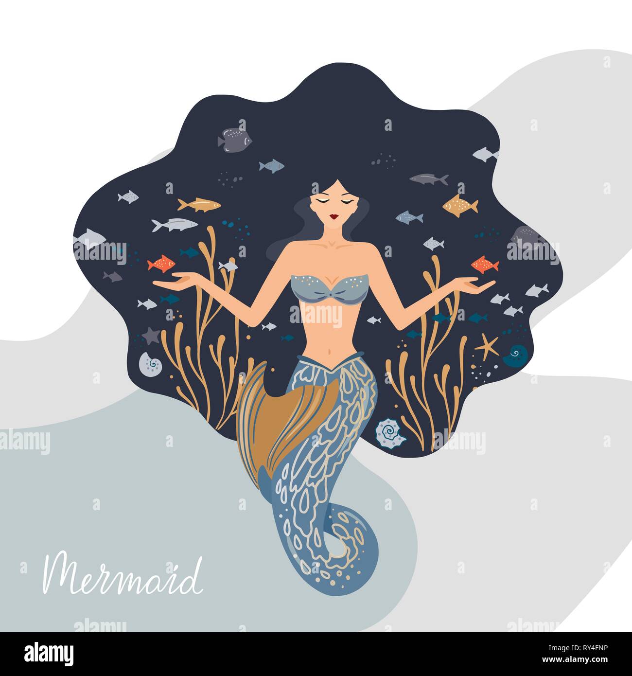 Vector illustration of a meditating mermaid with flowing hair at the bottom  of the ocean with fish in her hands Stock Vector Image & Art - Alamy