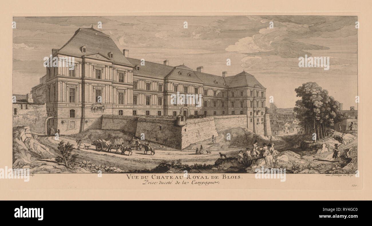 Vue du Château royal de Blois, prise du côté de la campagne. Jacques Rigaud (French, 1681-1754). Engraving Stock Photo