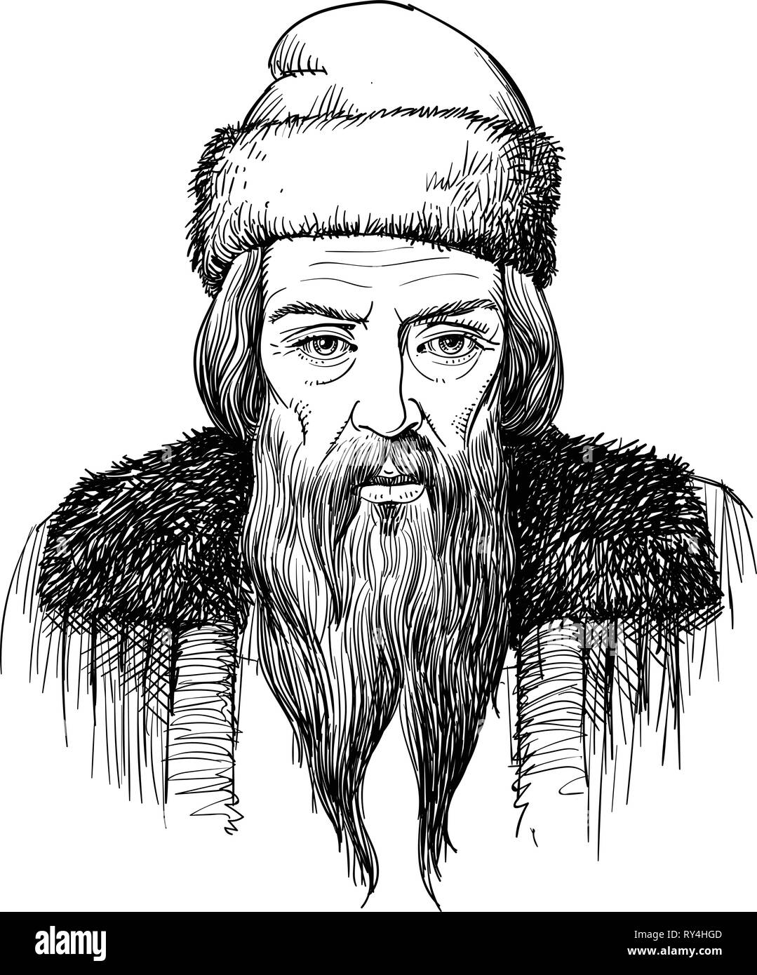 Johannes Gutenberg portrait in line art illustration. First printer, publisher of the first European Bible. Stock Vector