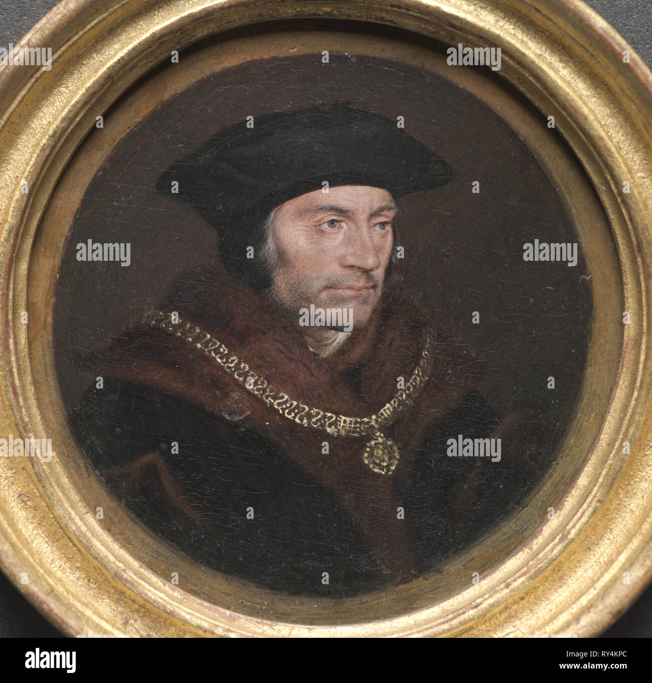 Portrait of Sir Thomas More, 17th century. Follower of Hans Holbein (German, 1497/98-1543). Oil on wood in a gilt wood frame; framed: 8.6 x 8.6 x 1.3 cm (3 3/8 x 3 3/8 x 1/2 in.); diameter: 6.5 cm (2 9/16 in.); unframed: 6.7 x 6.4 cm (2 5/8 x 2 1/2 in.); diameter of frame: 8 cm (3 1/8 in Stock Photo