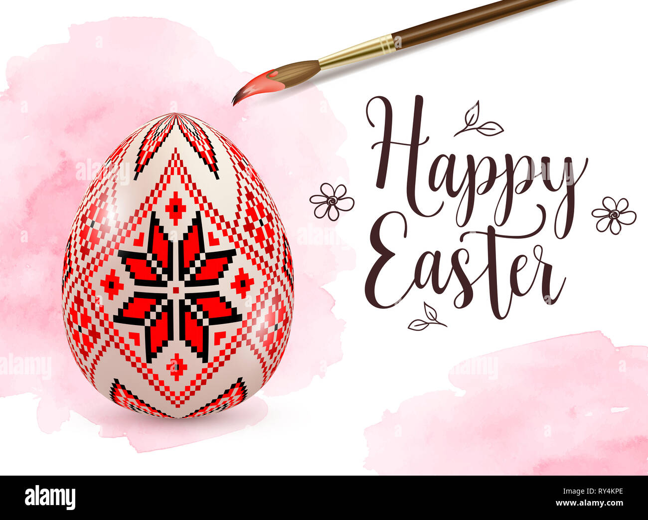Hand painted decorative Easter egg with red ornament and paintbrush ...