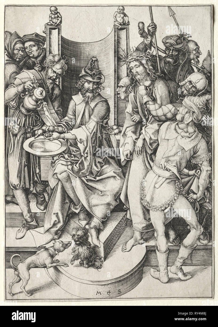 The Passion:  Christ Before Pilate. Martin Schongauer (German, c.1450-1491). Engraving Stock Photo