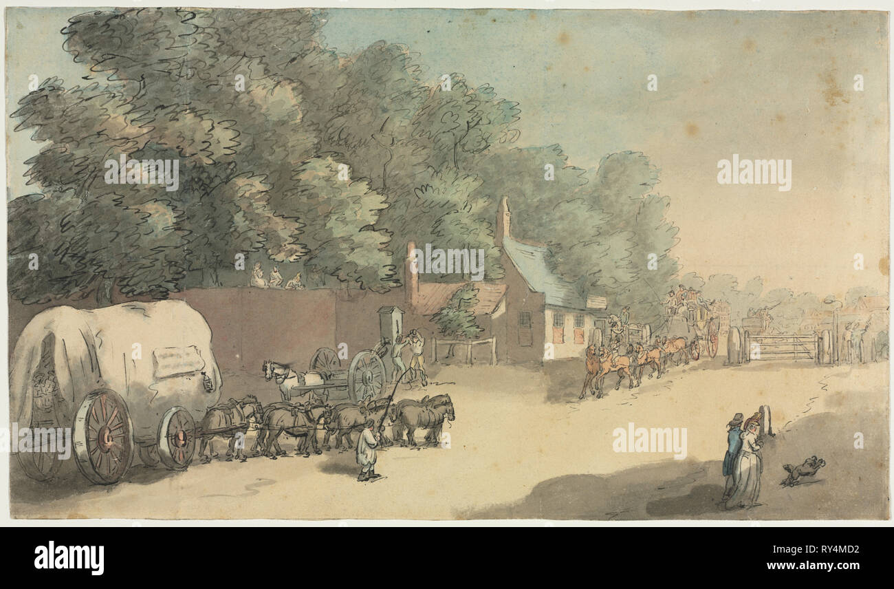 The Turnpike Gate, 1700s. Anonymous. Pen and ink and watercolor wash Stock Photo