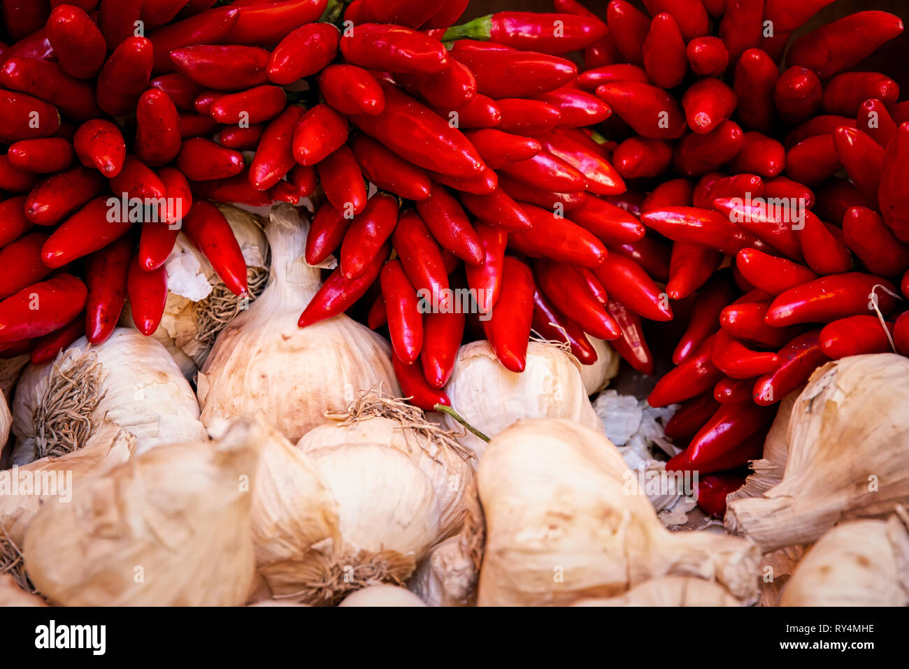 Chili peppers, garlic, Vienna - Austria, Naschmarkt, Market - Retail Space Stock Photo