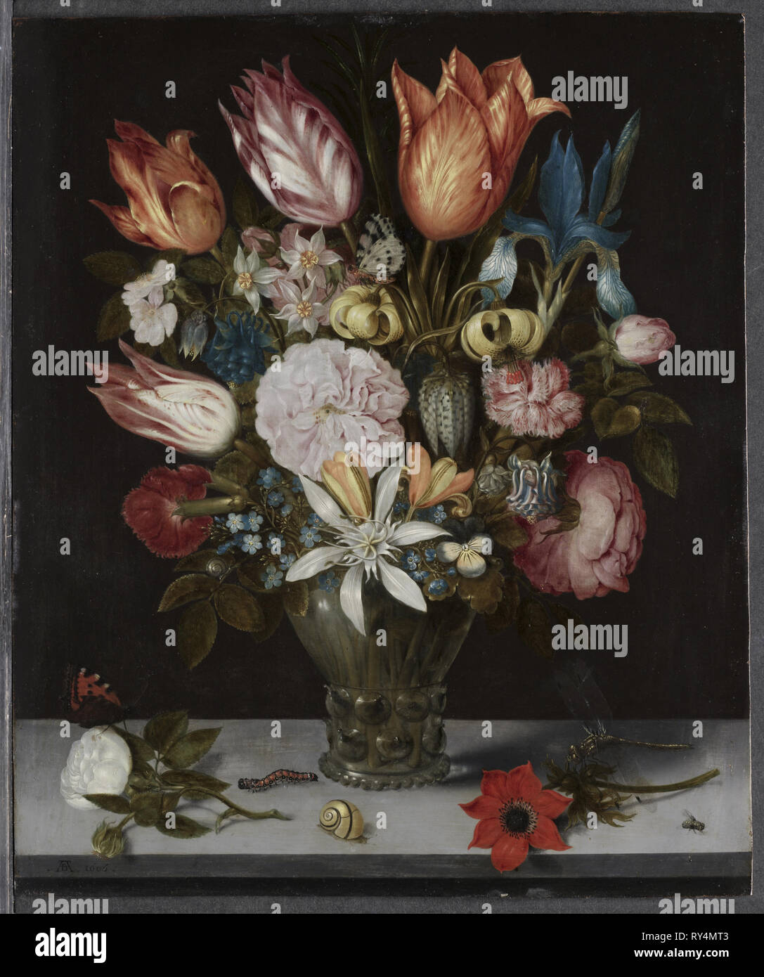 Flowers in a Glass, 1606. Ambrosius Bosschaert (Dutch, 1573-1621). Oil on copper; framed: 60.3 x 52.8 x 6.4 cm (23 3/4 x 20 13/16 x 2 1/2 in.); unframed: 35.6 x 29.3 cm (14 x 11 9/16 in Stock Photo