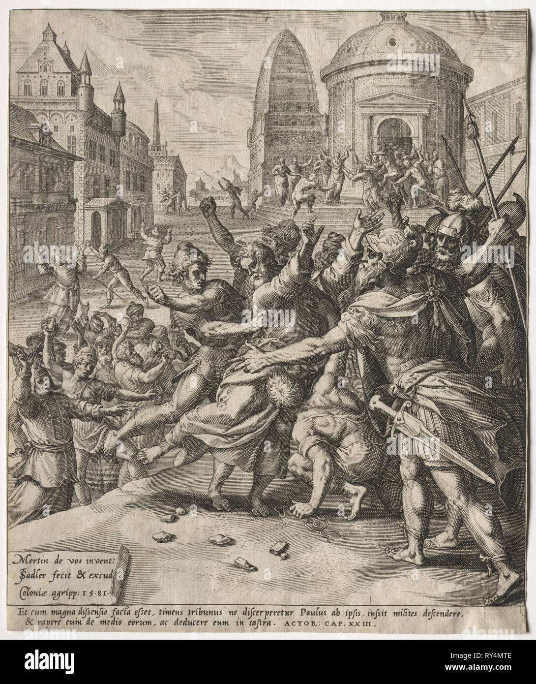 The Arrest of St. Paul, 1581. Jan I Sadeler (Flemish, 1550-1600), after Maarten de Vos (Flemish, 1532-1603). Engraving Stock Photo