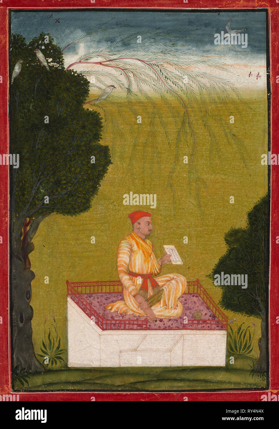 Raja Dalip Singh of Guler on a Dias, c. 1720. India, Himachal Pradesh, Bilaspur. Opaque watercolor and gold on paper; image: 22.7 x 15.3 cm (8 15/16 x 6 in.); overall: 27.1 x 19.8 cm (10 11/16 x 7 13/16 in Stock Photo