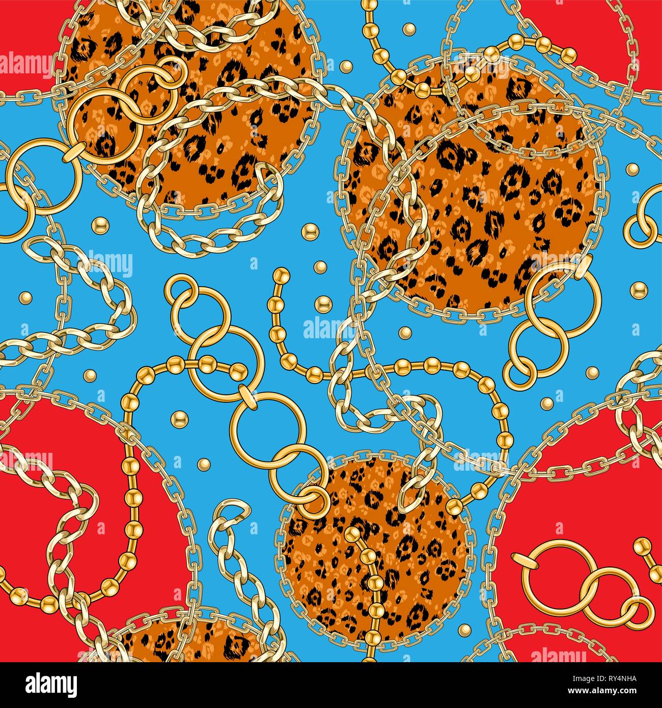 Abctract seamless pattern with golden chain with animal skin background for fabric. Trendy repeating leopard print. Stock Vector