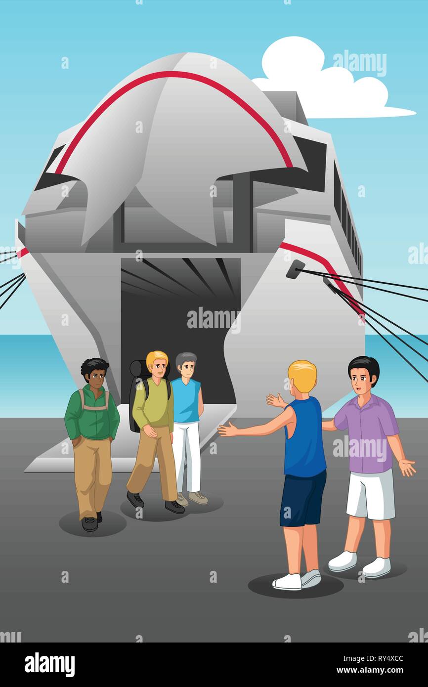 A vector illustration of Young Men Coming Out from the Ferry Stock Vector