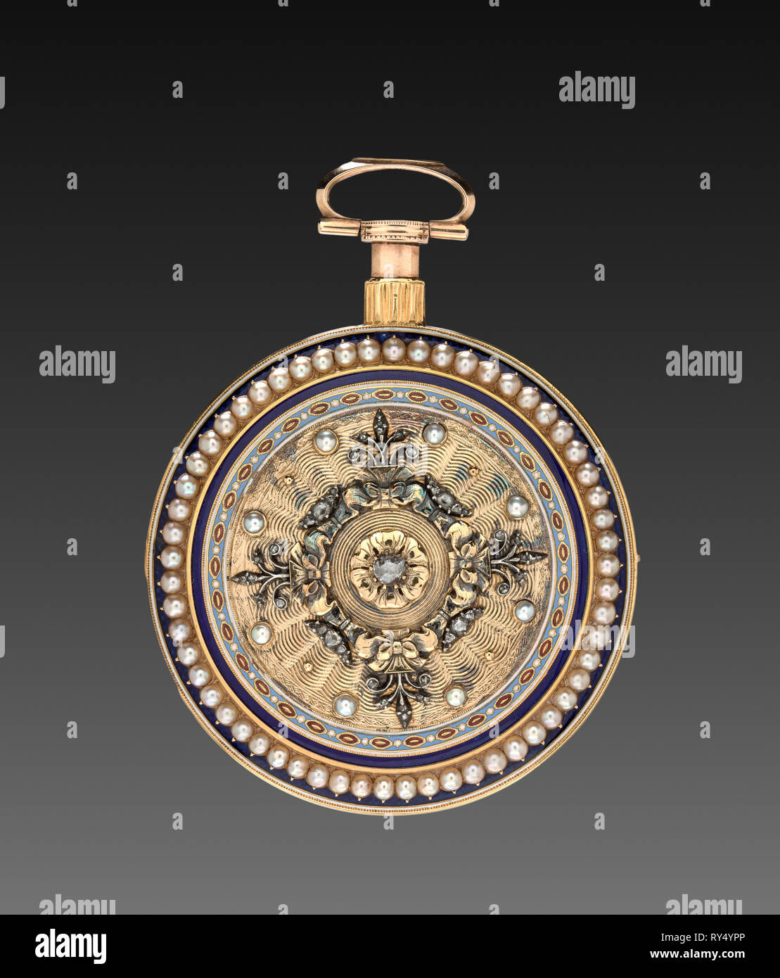 Watch, 1813. John Ray (British), James Montague (British), Just and Son (British). Gold, silver, pearls, diamonds, and enamel; diameter: 8.6 x 6.1 cm (3 3/8 x 2 3/8 in Stock Photo