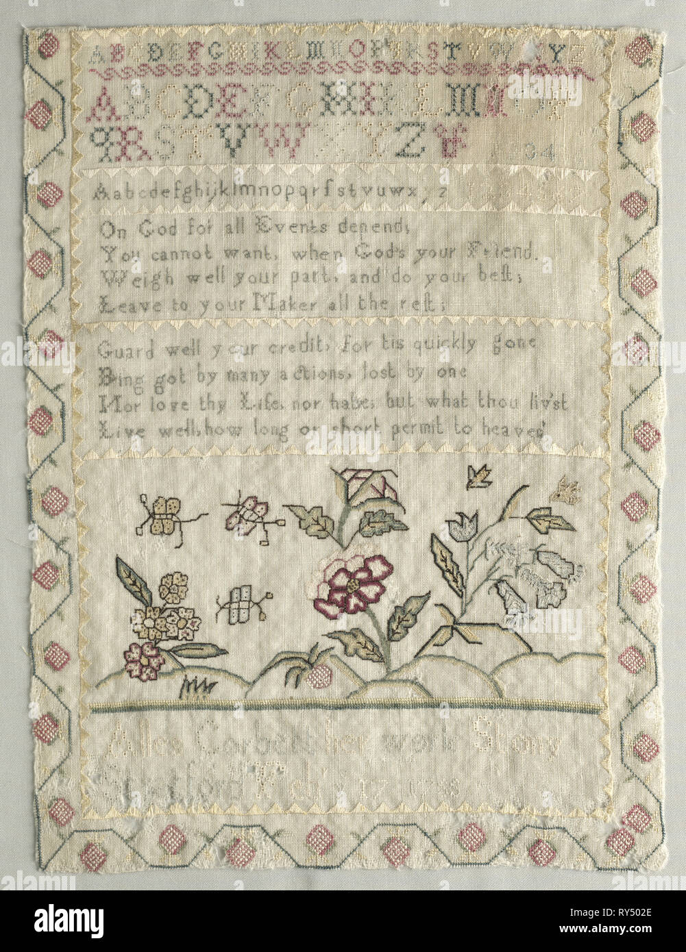 Sampler, February 17, 1755. Alles Corbett. Wool scrim, silk cross and satin stitches, eyelet and petite point; overall: 40 x 30.2 cm (15 3/4 x 11 7/8 in Stock Photo
