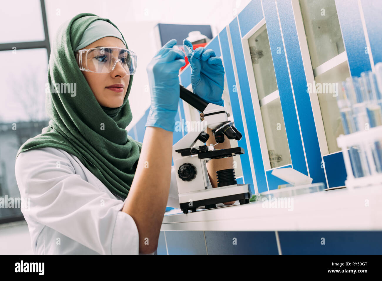 female muslim scientist sitting at table with microscope and looking at ...