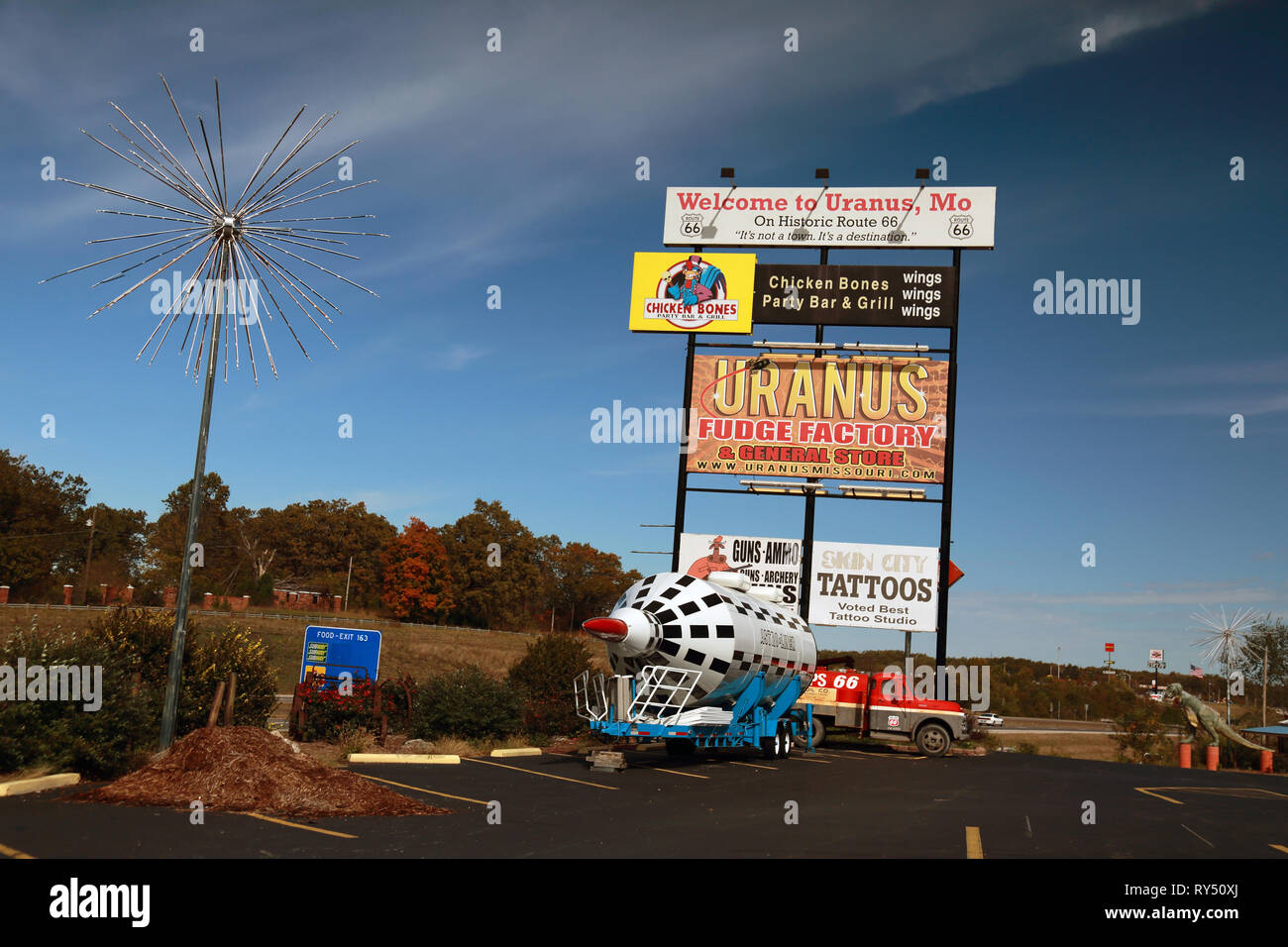 Welcome signs for Uranus in Southwest Missouri, USA, on historic Route 66 in St. Robert Stock Photo