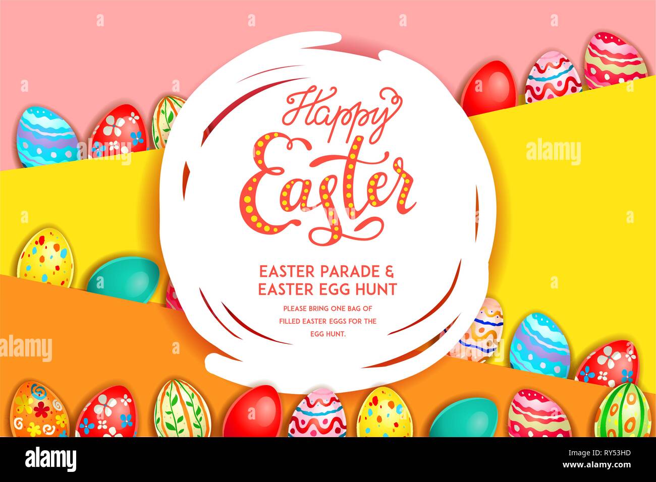 Easter eggs on a bright yellow background. Easter holiday backdrop for design card, banner, ticket, leaflet, poster and so on. Happy Easter poster. Stock Vector