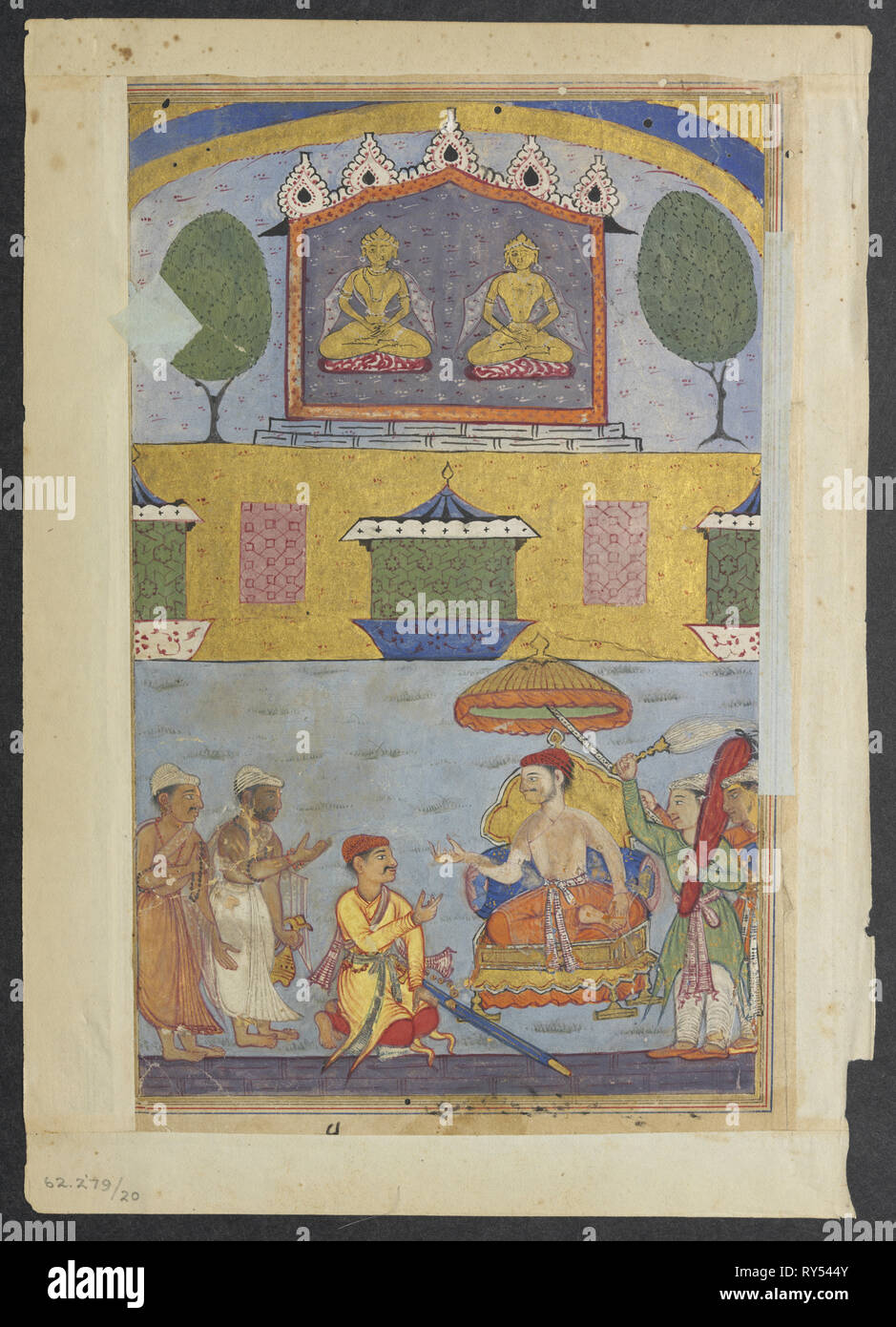 Page from Tales of a Parrot (Tuti-nama): Third night: The goldsmith and the carpenter inform the king of a dream in which the golden images plan to desert the city for lack of worshippers, c. 1560. India, Mughal, Reign of Akbar, 16th century. Opaque watercolor and gold on paper Stock Photo
