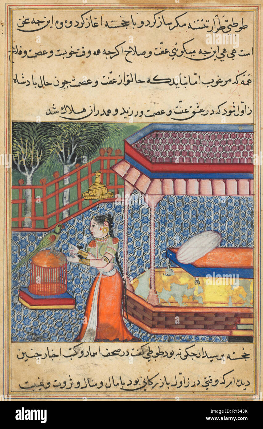Page from Tales of a Parrot (Tuti-nama): Thirty-sixth night: The parrot addresses Khujasta at the beginning of the thirty-sixth night, c. 1560. India, Mughal, Reign of Akbar, 16th century. Opaque watercolor, ink and gold on paper Stock Photo