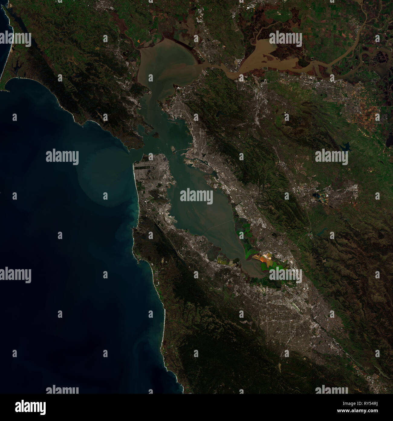 High resolution satellite image of San Francisco Bay Area in California, USA - contains modified Copernicus Sentinel data [2019] Stock Photo