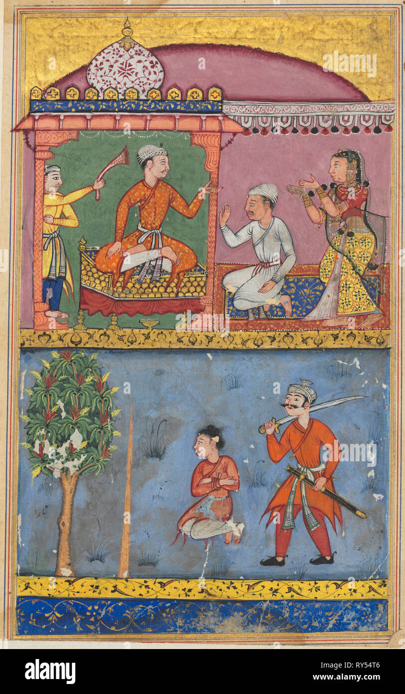 Page from Tales of a Parrot (Tuti-nama): Eighth night: The handmaiden appeals for justice and the prince is taken to the execution site for the fourth time, c. 1560. Tara Chand (Indian). Opaque watercolor and gold on paper; overall: 20 x 14.4 cm (7 7/8 x 5 11/16 in Stock Photo