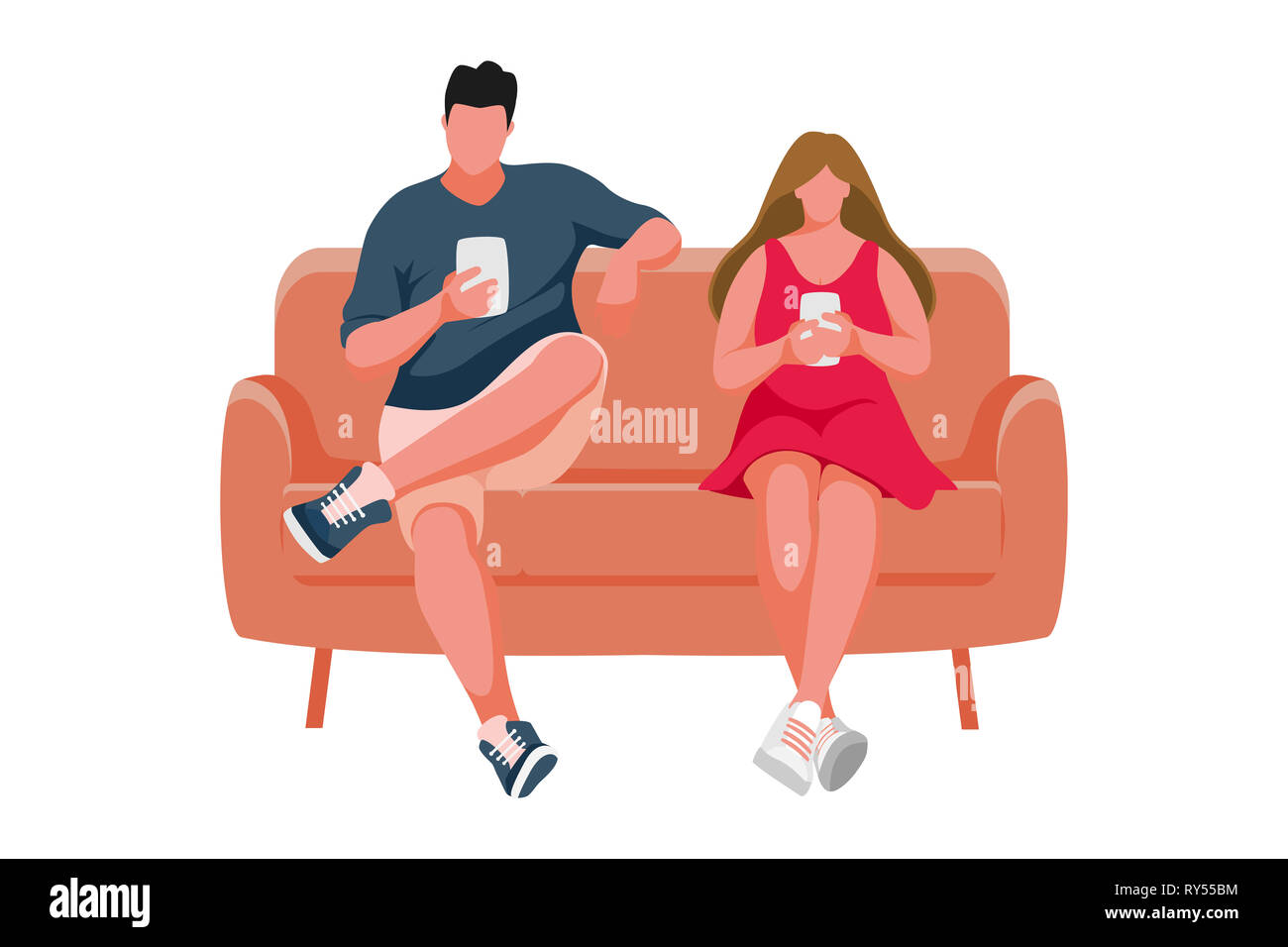 Man and Girl sitting on the sofa. Man using mobile phone. Girl using mobile  phone. illustration Stock Photo - Alamy