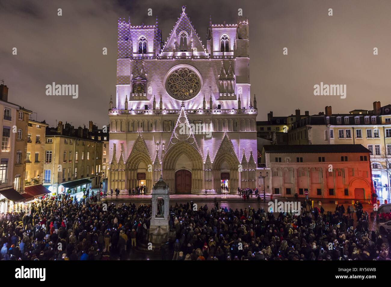 France, Rhone, Lyon, district of Vieux-Lyon, historical site listed as  World Heritage by UNESCO, the Lyon Cathedral (Cathedrale  Saint-Jean-Baptiste de Lyon) during the Fete des Lumieres (Light Festival),  show Unisson of Made.in.hl