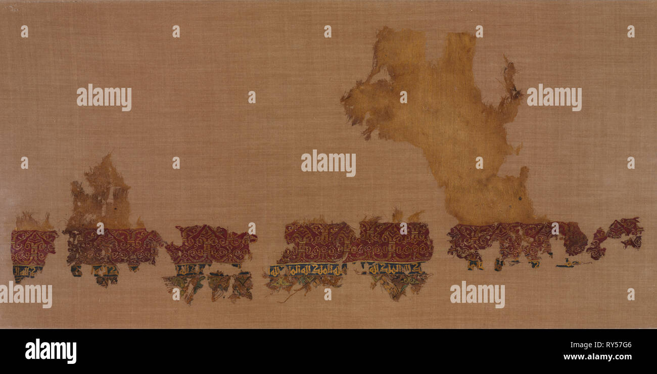 Tiraz with gold, 1013-1020. Egypt, Fatimid period, reign of Caliph al-Hakim, 1013–1020. Plain weave with inwoven tapestry weave: linen, silk, and gold filé; overall: 25 x 57.8 cm (9 13/16 x 22 3/4 in Stock Photo