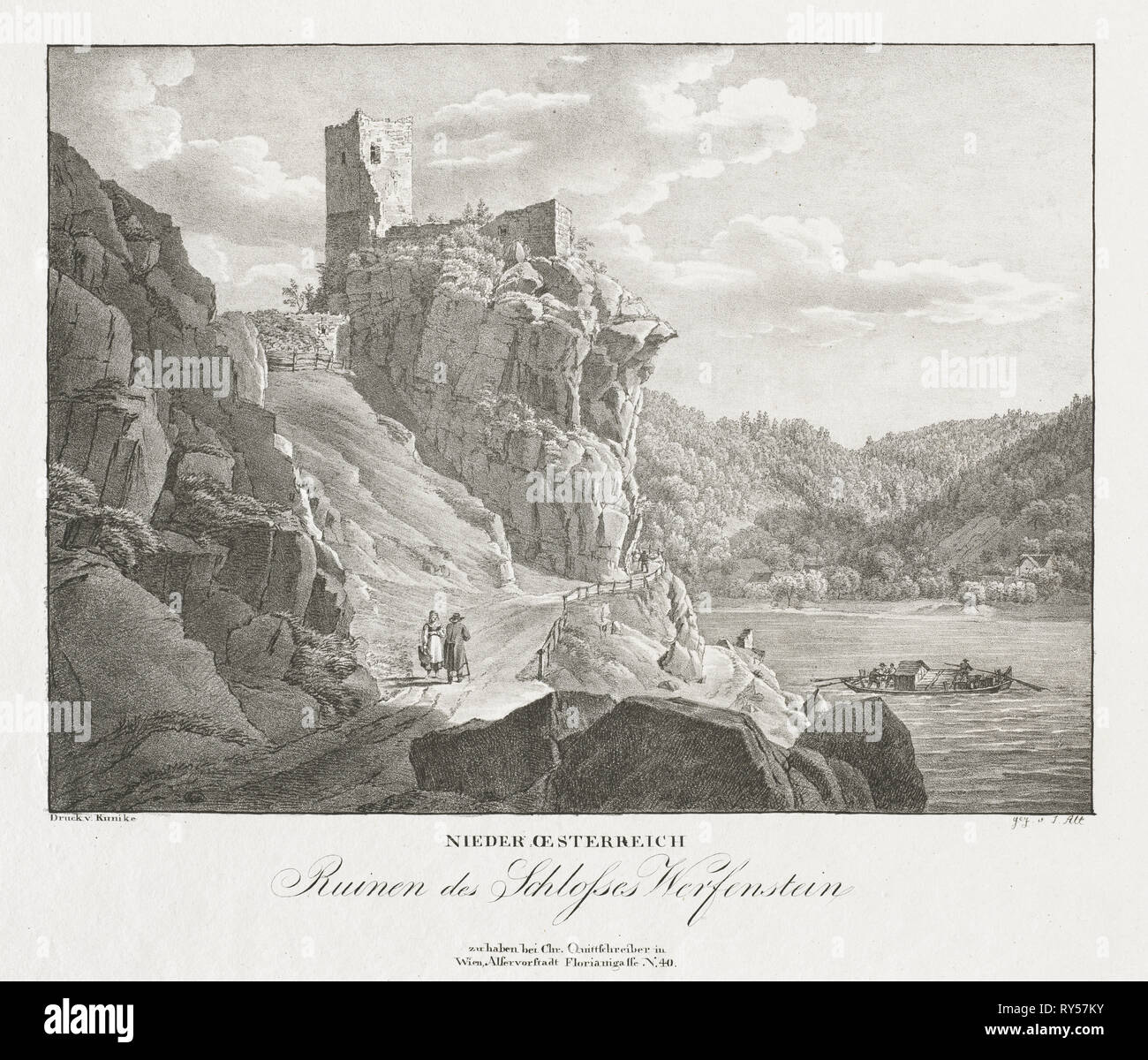 Nieder-oesterreich, Ruinen des Schlosses Werfenstein. Jakob Alt (Austrian, 1789-1872). Lithograph Stock Photo