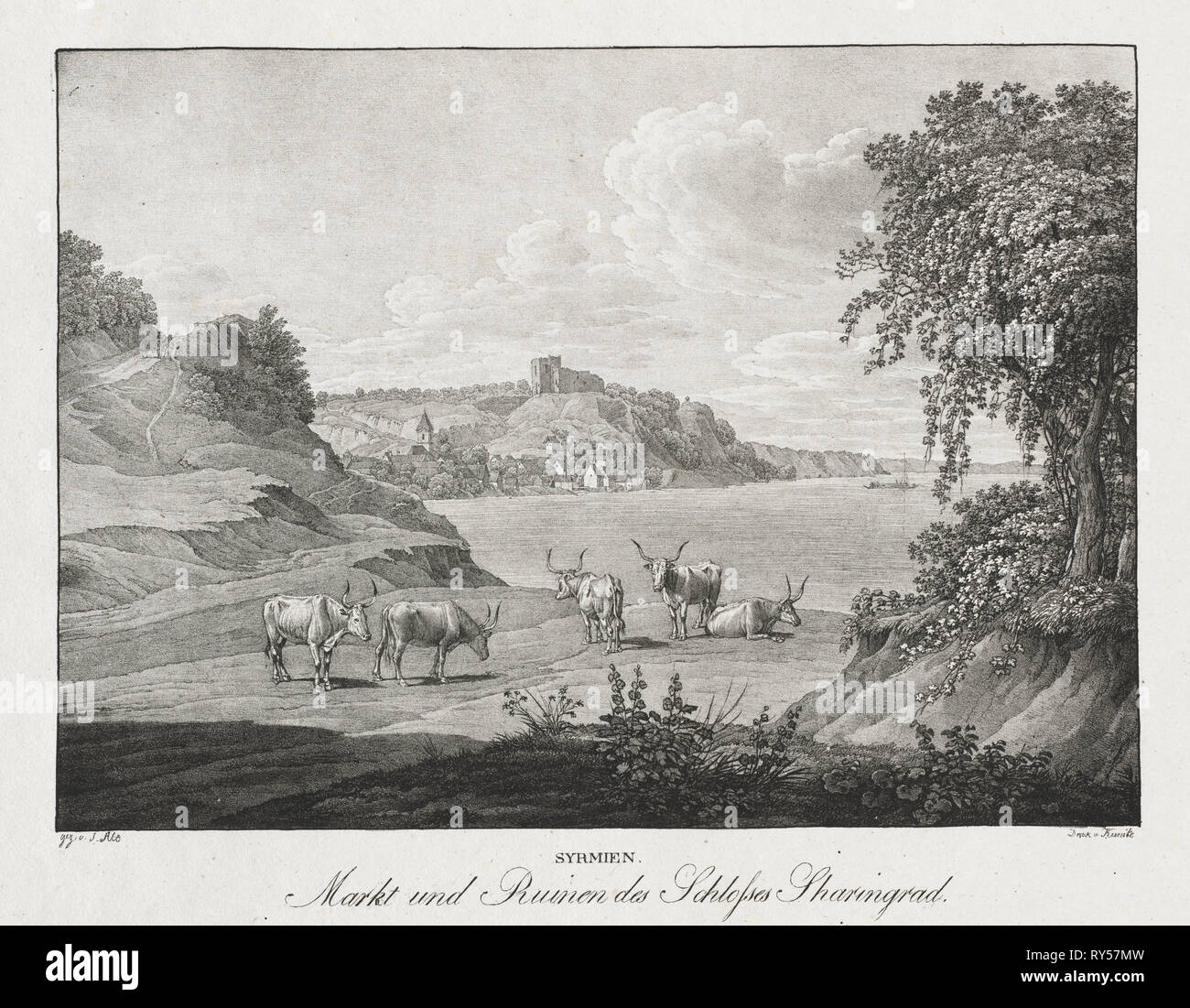 Syrmien, Markt und Ruinen des Schlosses Sharengrad. Jakob Alt (Austrian, 1789-1872). Lithograph Stock Photo