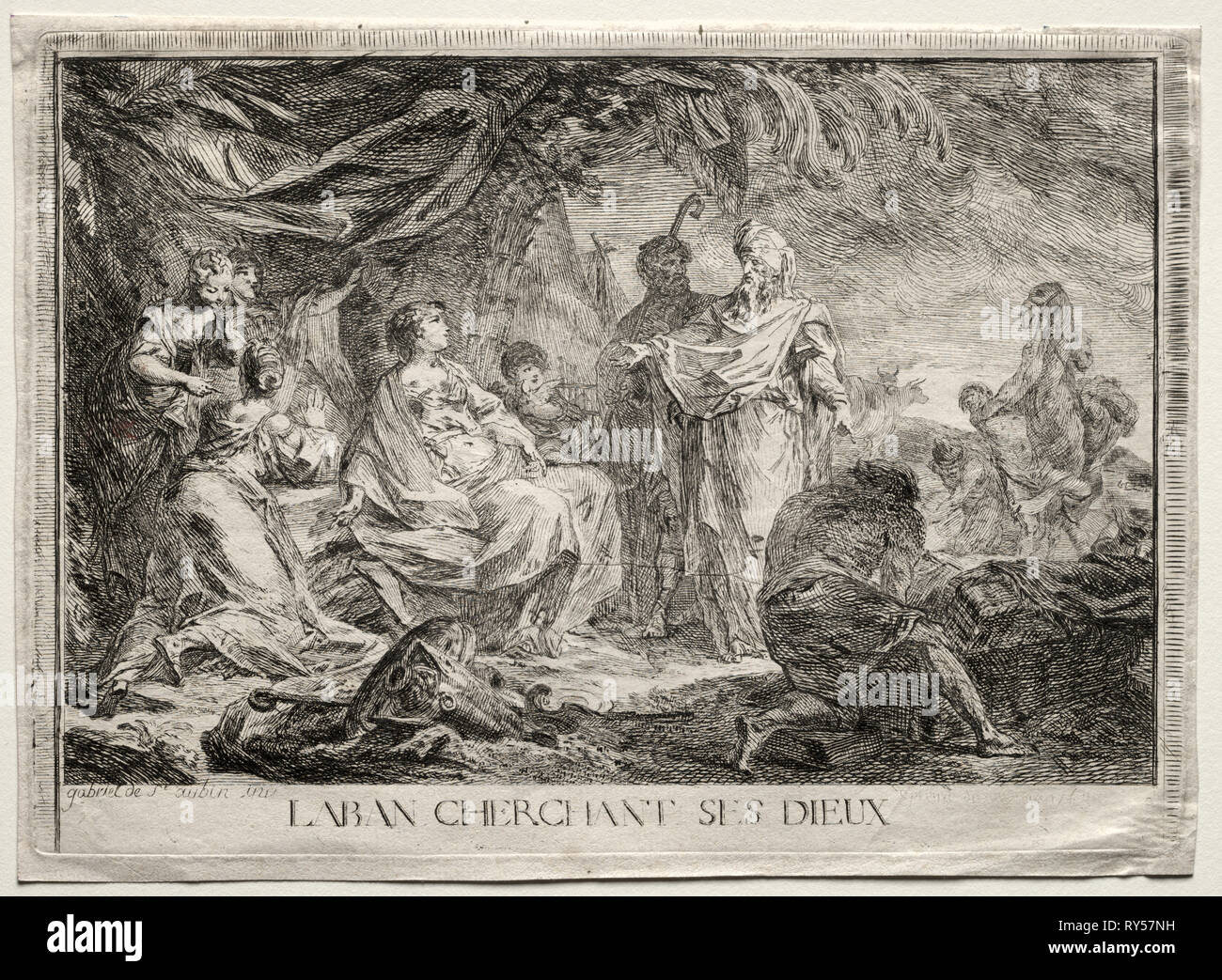 Laban cherchant ses dieux. Augustin de Saint-Aubin (French, 1736-1807). Etching Stock Photo