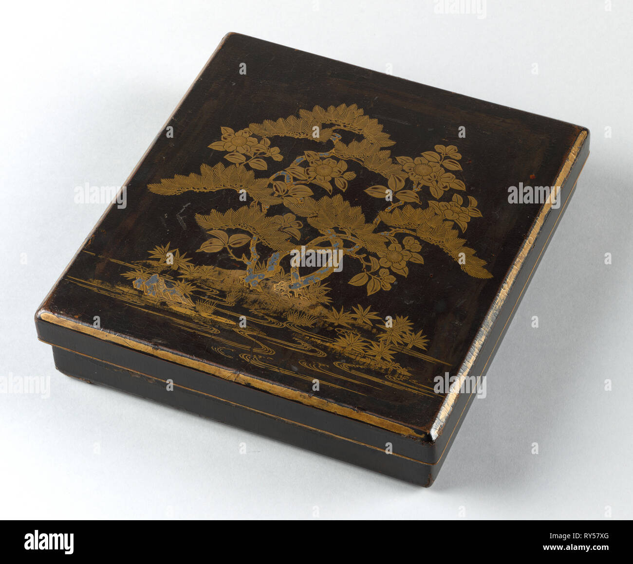 Writing Box (Suzuribako) with Pine, Camellia, and Bamboo, 1400s. Japan, Muromachi Period (1392-1573). Lacquer on wood with decoration in maki-e; overall: 24.2 x 22.6 cm (9 1/2 x 8 7/8 in Stock Photo