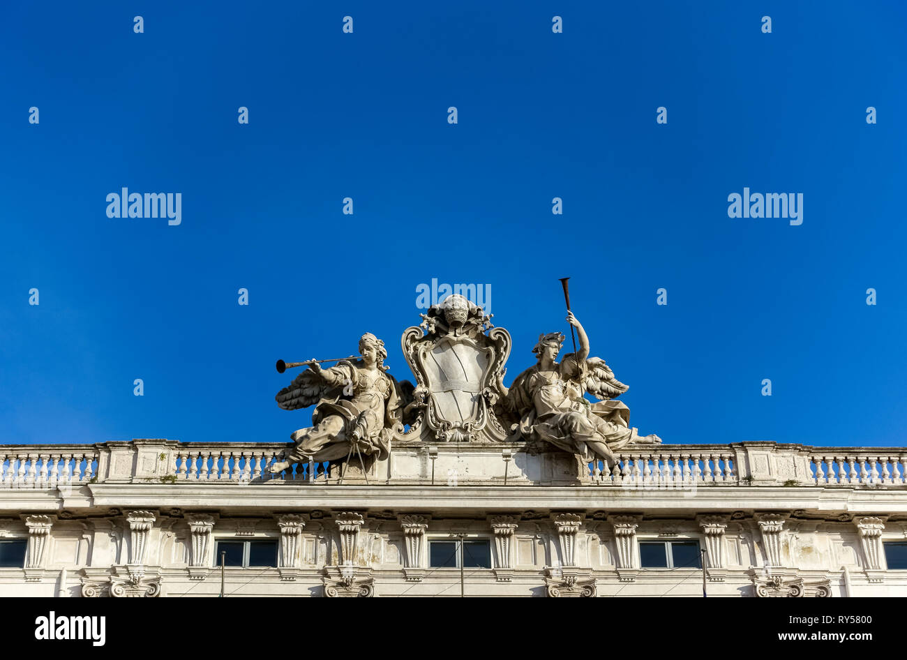 Constitutional Court of the Italian Republic. Palazzo della Consulta. Palace facade. Close up detail. Rome, Italy, Europe. Clear blue sky, copy space. Stock Photo