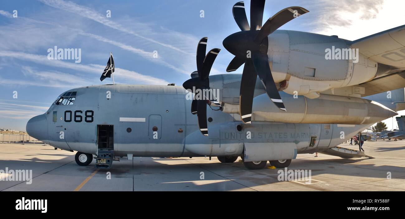 A U.S. Marine Corps C-130 Hercules cargo plane on the runway at MCAS Yuma. Stock Photo