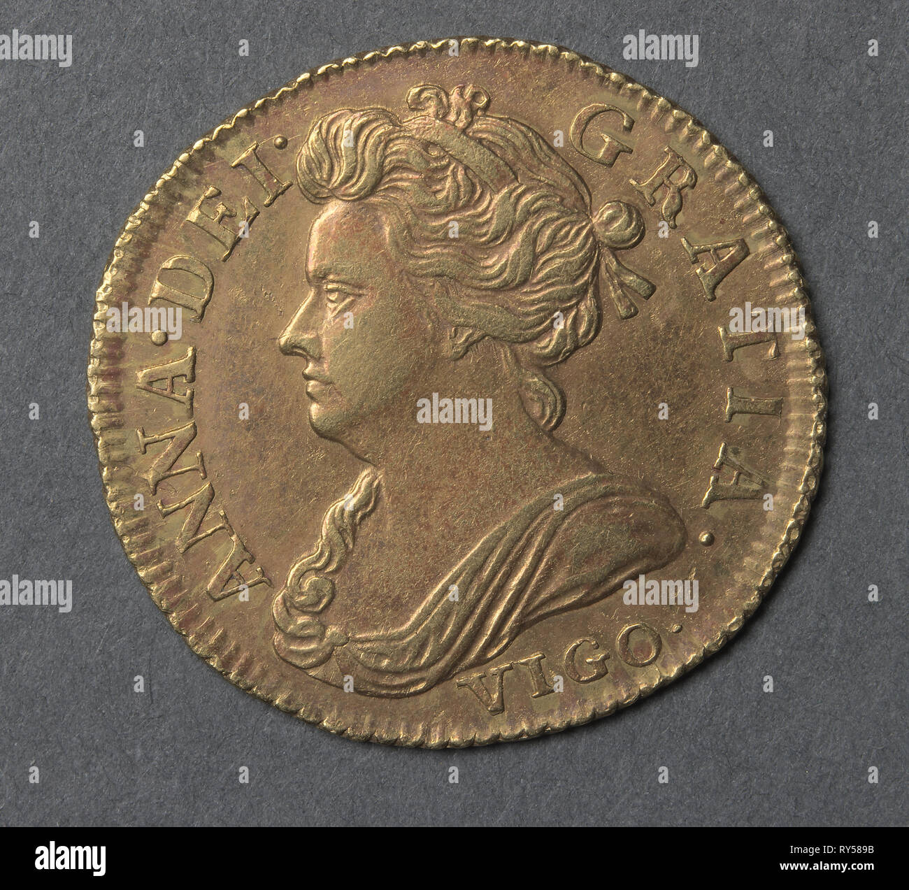 Half Guinea (obverse), 1703. England, Anne, 1702-1714. Gold Stock Photo