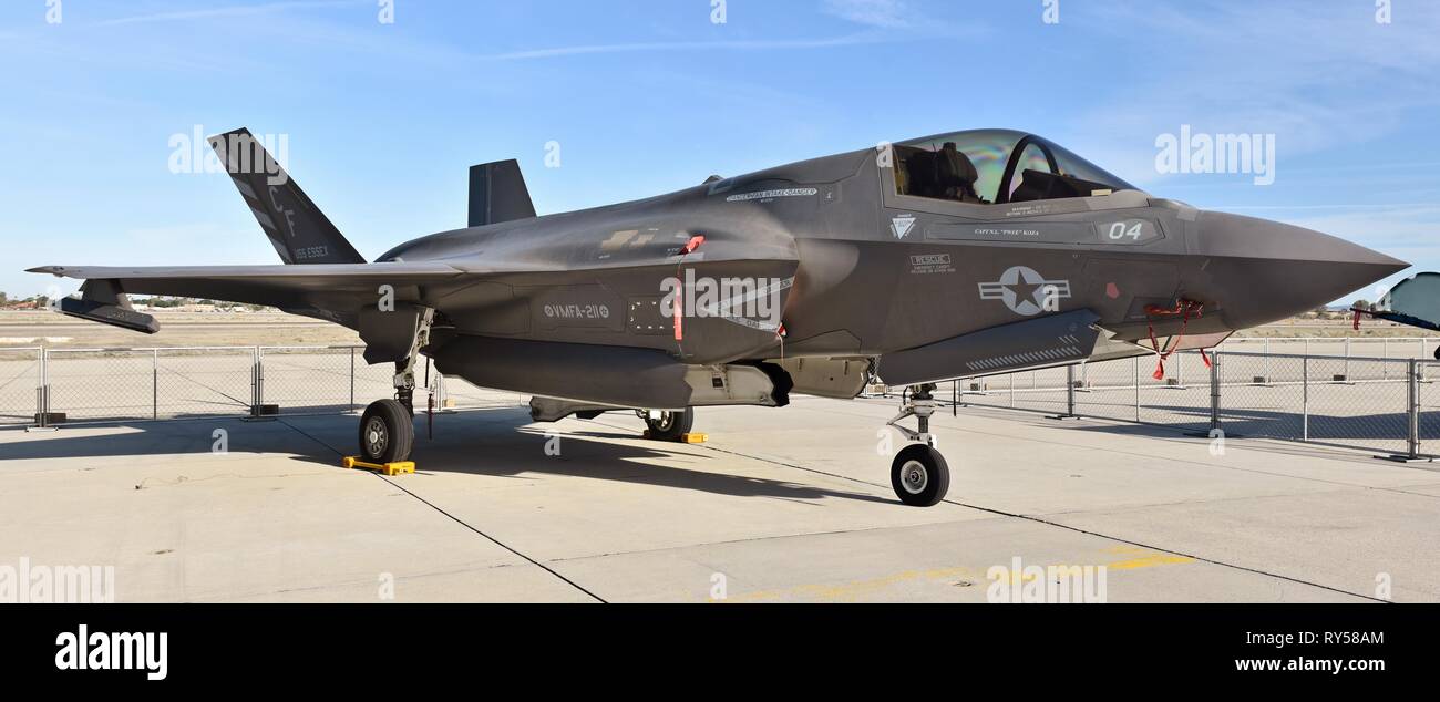 A Marine Corps F-35B Joint Strike Fighter (Lightning II). This STOVL F-35 belongs to VMFA-211, assigned to the U.S.S. Essex. Stock Photo