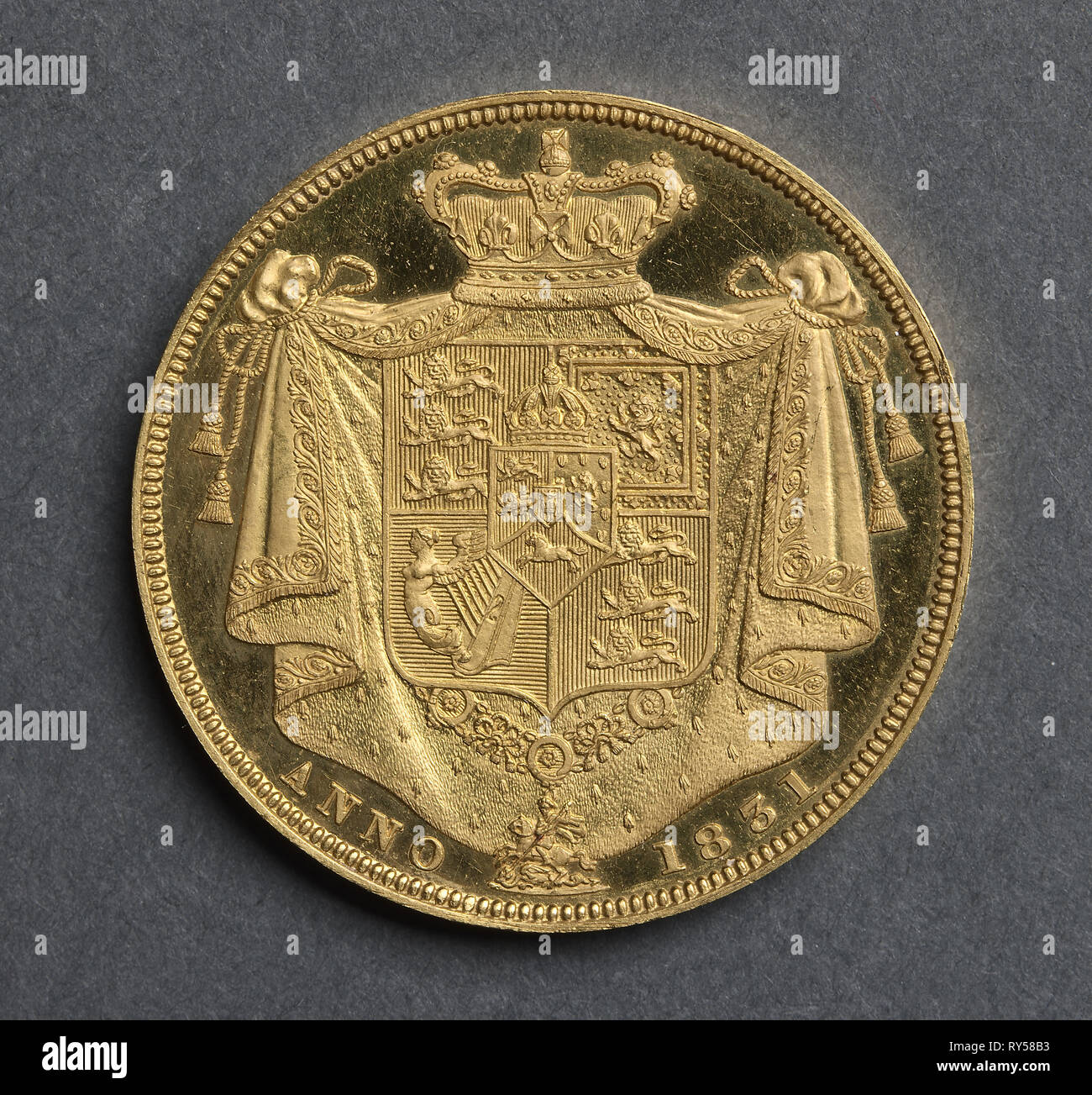 Two Pounds [pattern] (reverse), 1831. J. B. Merlen (British), William Wyon (British). Gold Stock Photo