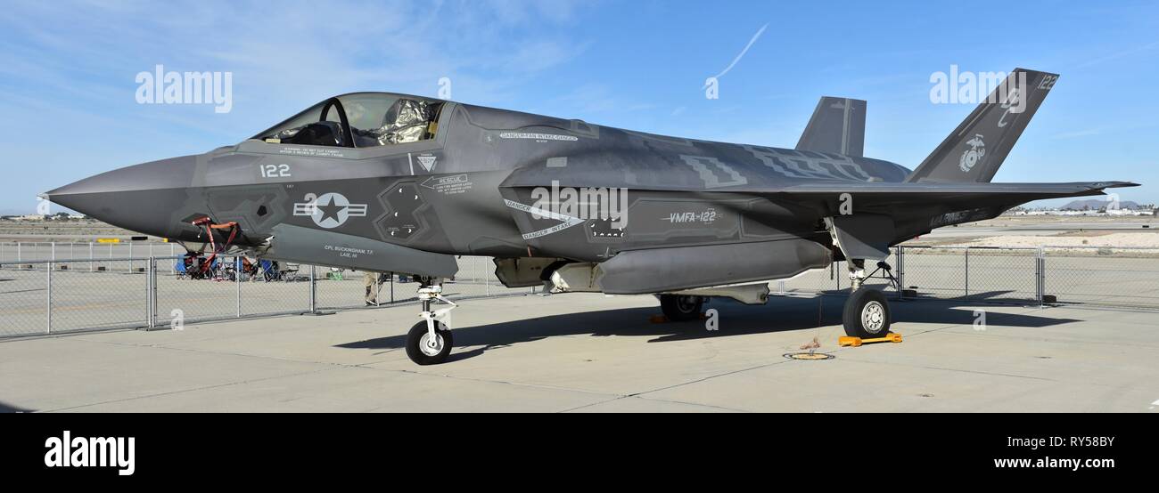 A Marine Corps F-35B Joint Strike Fighter (Lightning II). This STOVL F-35 belongs to VMFA-122, assigned to MCAS Yuma. Stock Photo